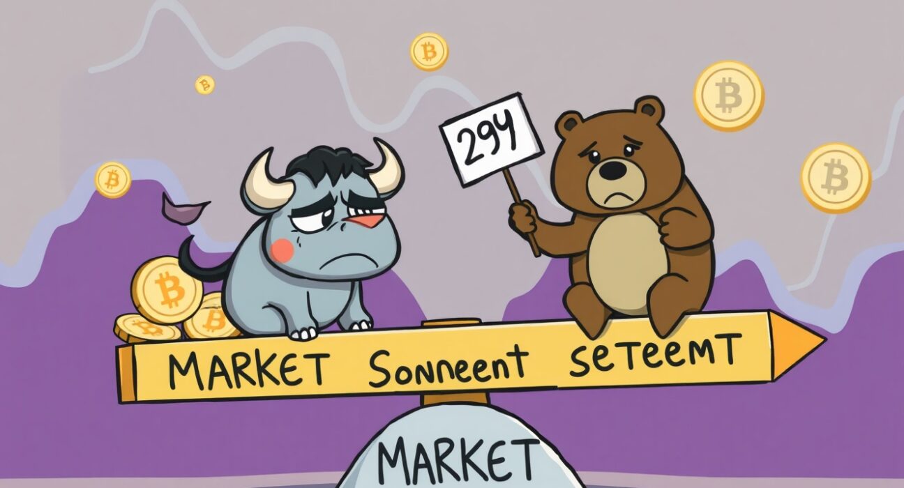 Cartoon illustration of the Crypto Fear & Greed Index showing nervous market sentiment with bull and bear characters.