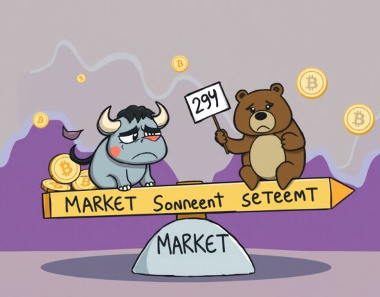 Cartoon illustration of the Crypto Fear & Greed Index showing nervous market sentiment with bull and bear characters.