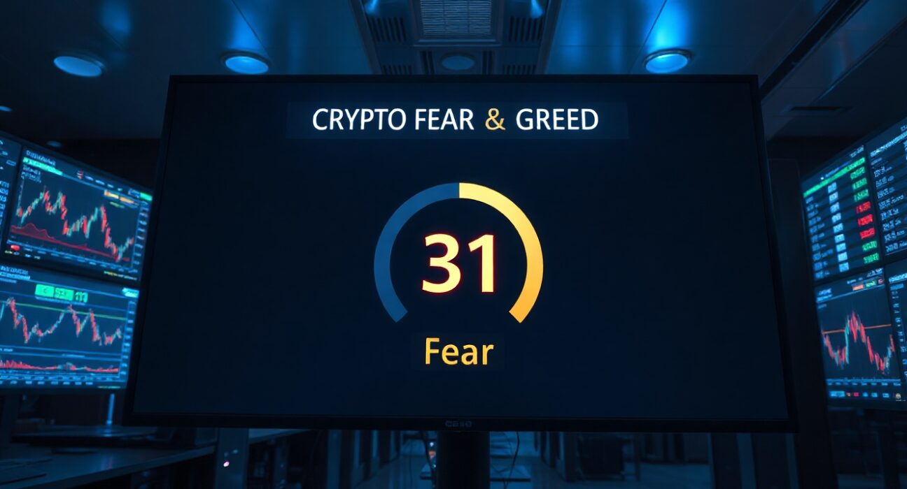 Digital display of the Crypto Fear & Greed Index showing a value of 31 in the fear zone, with market charts in the background.