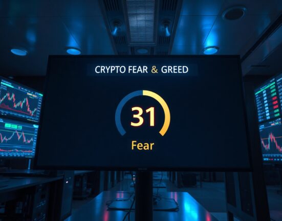 Digital display of the Crypto Fear & Greed Index showing a value of 31 in the fear zone, with market charts in the background.