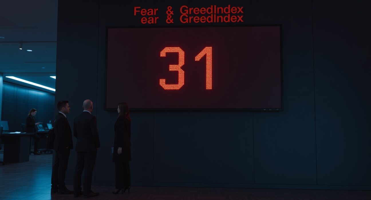 Digital display of the Crypto Fear & Greed Index showing a reading of 31, indicating fear in the market.