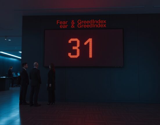 Digital display of the Crypto Fear & Greed Index showing a reading of 31, indicating fear in the market.