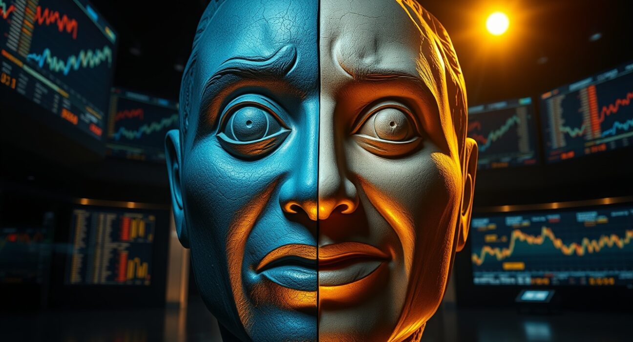 Split-face sculpture representing fear and greed, with a dark fearful side and a warm optimistic side, set in a trading environment with crypto charts.