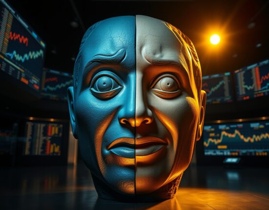 Split-face sculpture representing fear and greed, with a dark fearful side and a warm optimistic side, set in a trading environment with crypto charts.