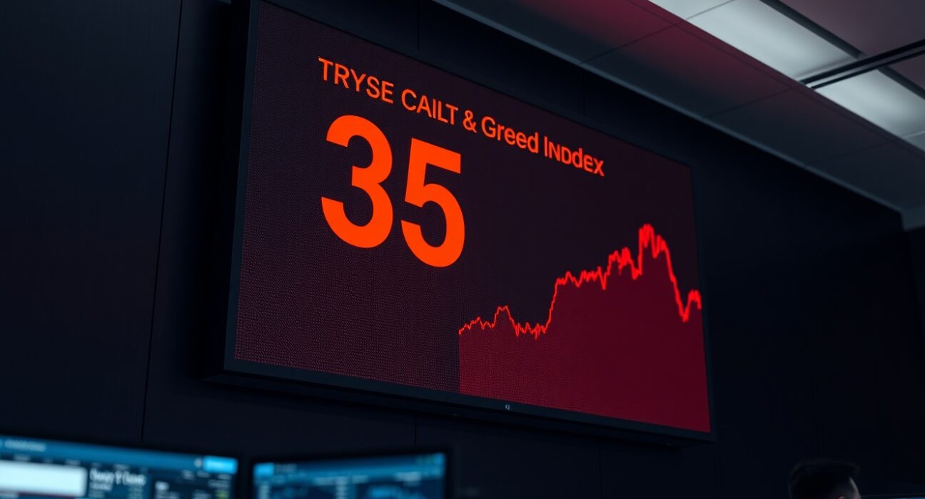 Crypto Fear and Greed Index display showing a reading of 35 in a trading floor environment