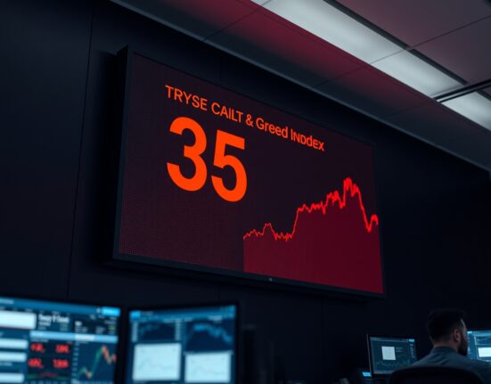 Crypto Fear and Greed Index display showing a reading of 35 in a trading floor environment