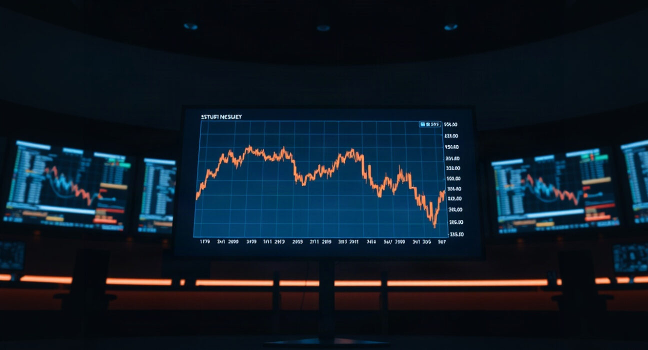 Digital screen showing a declining cryptocurrency chart in a dark trading room, reflecting market fear.