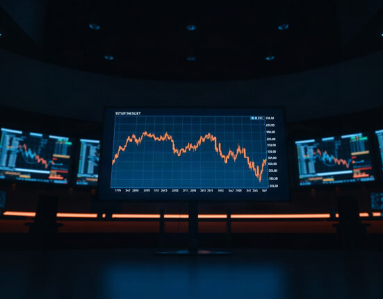 Digital screen showing a declining cryptocurrency chart in a dark trading room, reflecting market fear.