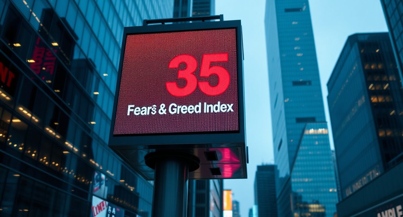 Digital display showing Crypto Fear and Greed Index at 35 in a financial district at dusk