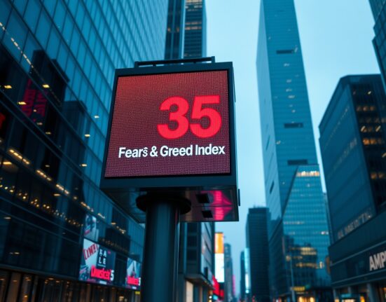 Digital display showing Crypto Fear and Greed Index at 35 in a financial district at dusk