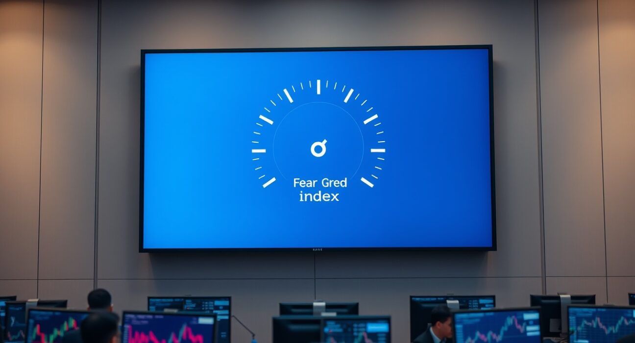 Digital display showing Crypto Fear and Greed Index at 36 in a newsroom setting