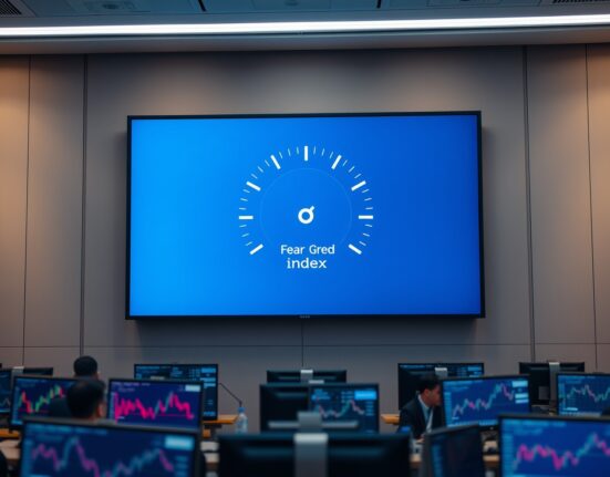 Digital display showing Crypto Fear and Greed Index at 36 in a newsroom setting