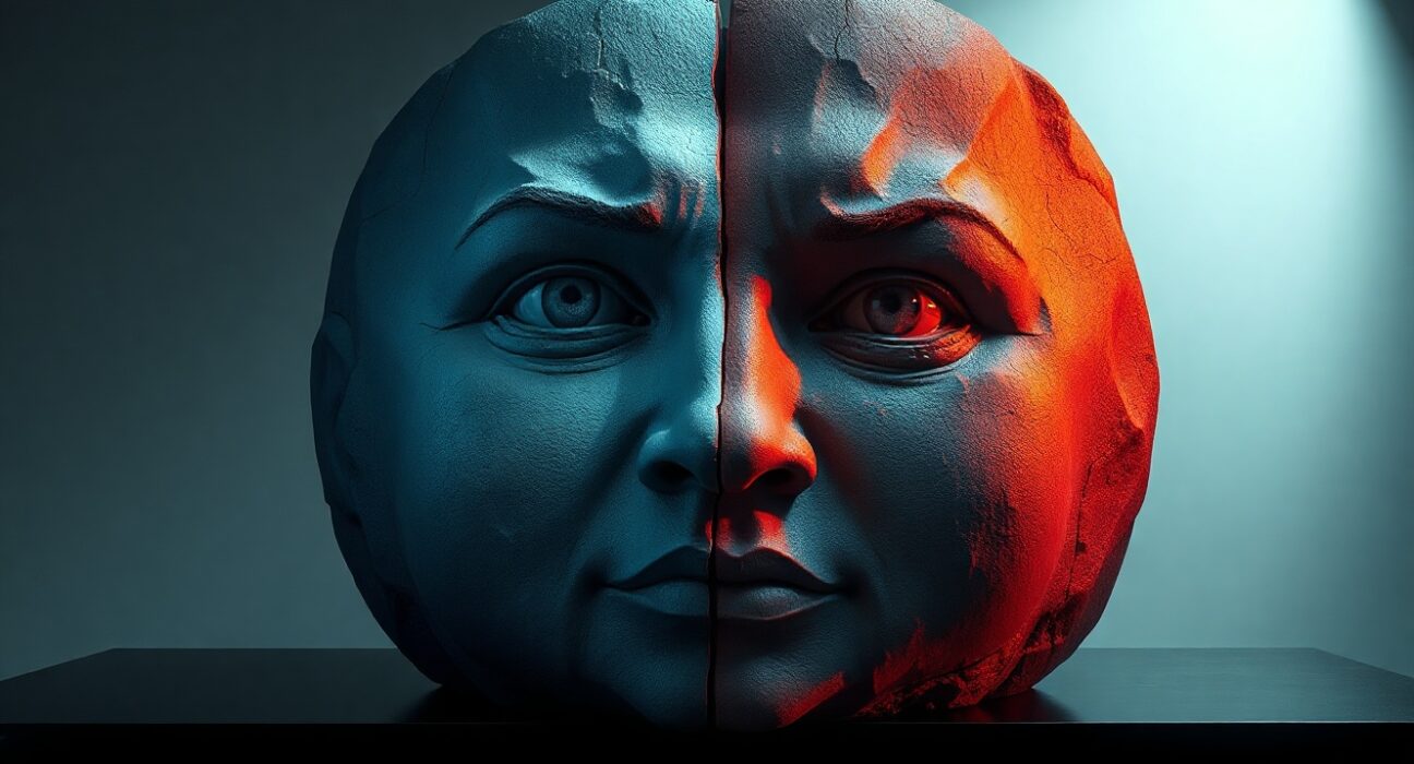 Split face sculpture representing fear and greed in crypto market sentiment analysis.