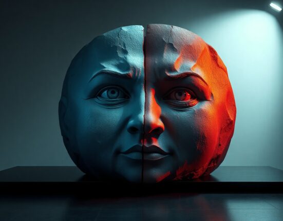 Split face sculpture representing fear and greed in crypto market sentiment analysis.