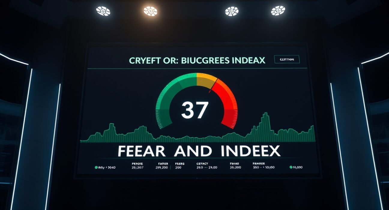 A digital screen displaying the Crypto Fear and Greed Index at 37, indicating market sentiment is still in the fear zone.