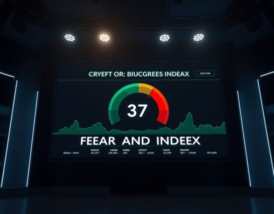 A digital screen displaying the Crypto Fear and Greed Index at 37, indicating market sentiment is still in the fear zone.
