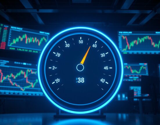 Crypto fear and greed index gauge at 38, indicating fear, in a trading floor setting.