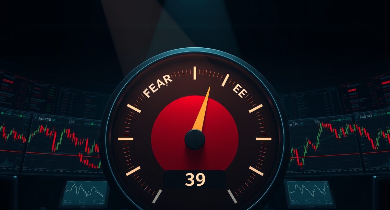 Crypto Fear & Greed Index gauge showing a reading of 39 in the red 'fear' zone, indicating negative market sentiment.