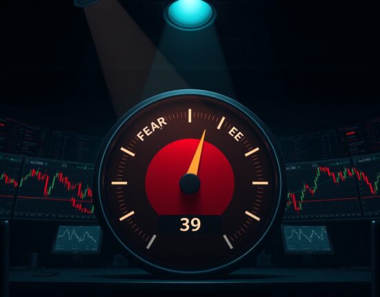 Crypto Fear & Greed Index gauge showing a reading of 39 in the red 'fear' zone, indicating negative market sentiment.
