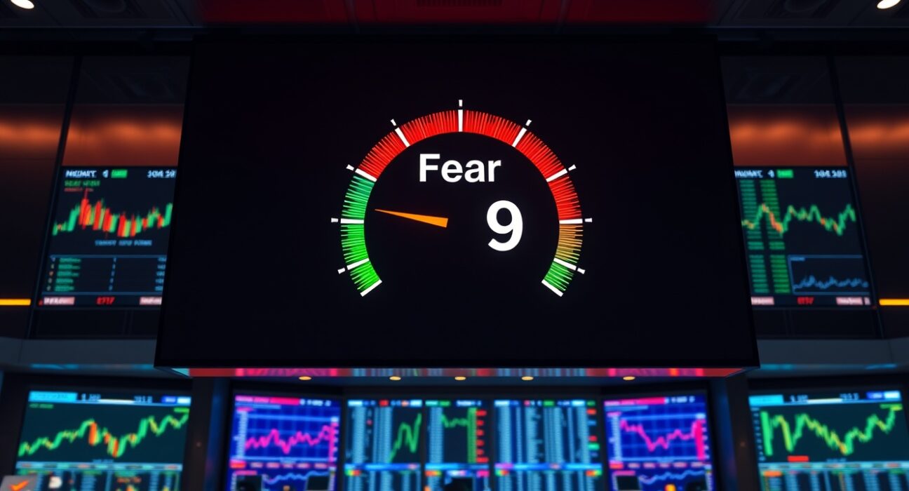 Crypto Fear & Greed Index showing fear at 39 on a digital gauge in a trading floor setting