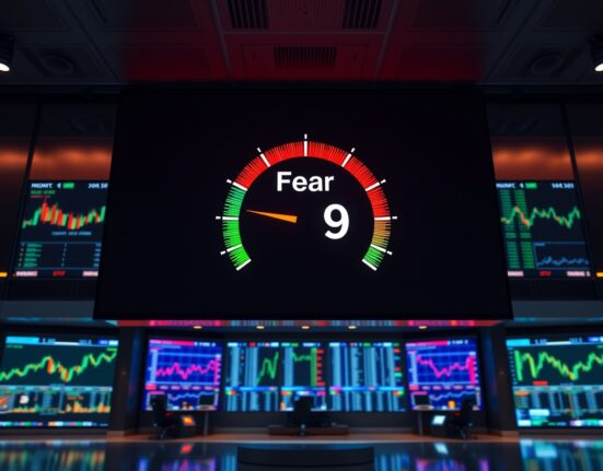 Crypto Fear & Greed Index showing fear at 39 on a digital gauge in a trading floor setting