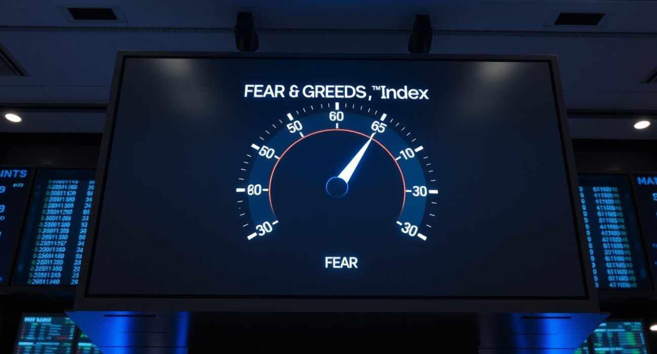Digital display of the Fear & Greed Index showing a reading of 39, indicating fear in the cryptocurrency market.