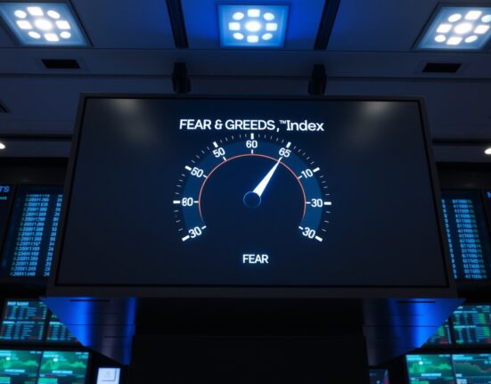 Digital display of the Fear & Greed Index showing a reading of 39, indicating fear in the cryptocurrency market.
