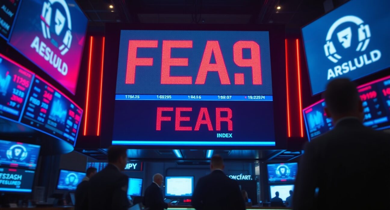 Digital display showing Fear & Greed Index at 39 with Fear label in a trading environment