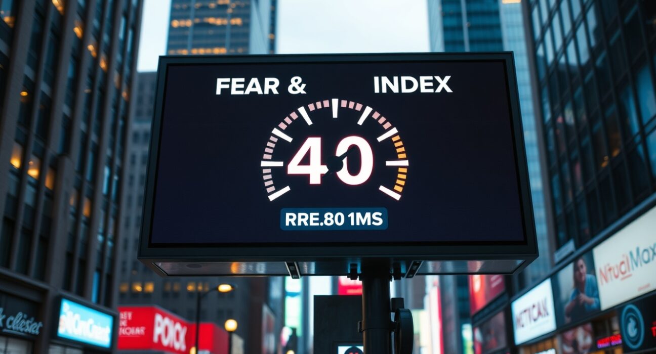 Digital screen displaying a Fear & Greed Index gauge at 40 in a city setting