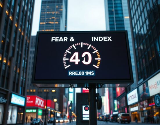 Digital screen displaying a Fear & Greed Index gauge at 40 in a city setting