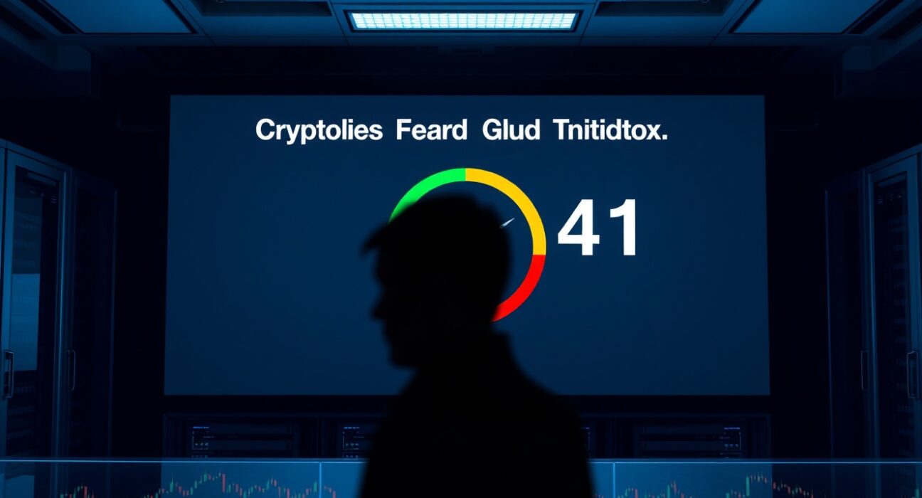 Crypto Fear & Greed Index at 41, showing neutral market sentiment on a digital display in a trading environment.