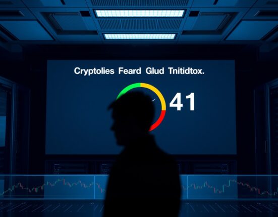 Crypto Fear & Greed Index at 41, showing neutral market sentiment on a digital display in a trading environment.