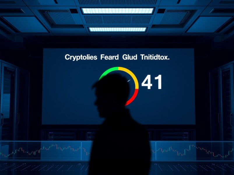 Crypto Fear & Greed Index at 41, showing neutral market sentiment on a digital display in a trading environment.