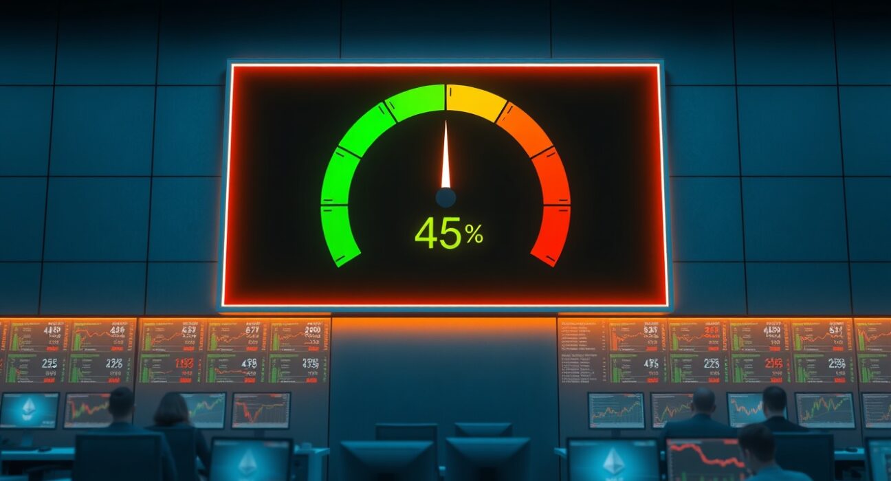 Crypto Fear and Greed Index meter at 45 in neutral stage on a trading floor screen