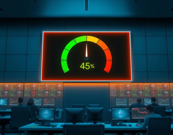 Crypto Fear and Greed Index meter at 45 in neutral stage on a trading floor screen