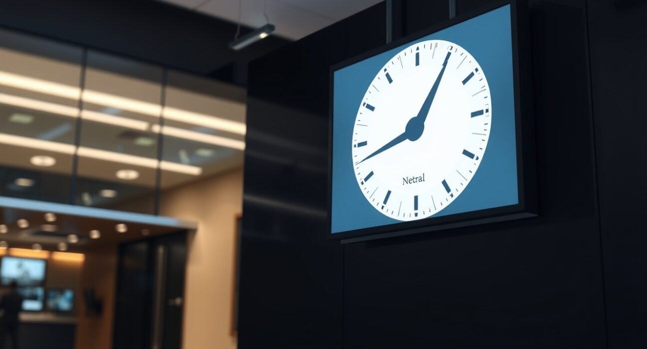 Digital display showing the Crypto Fear & Greed Index at 47 in a professional trading office.