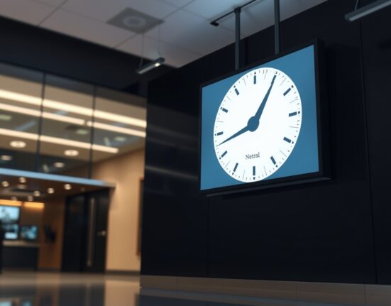 Digital display showing the Crypto Fear & Greed Index at 47 in a professional trading office.