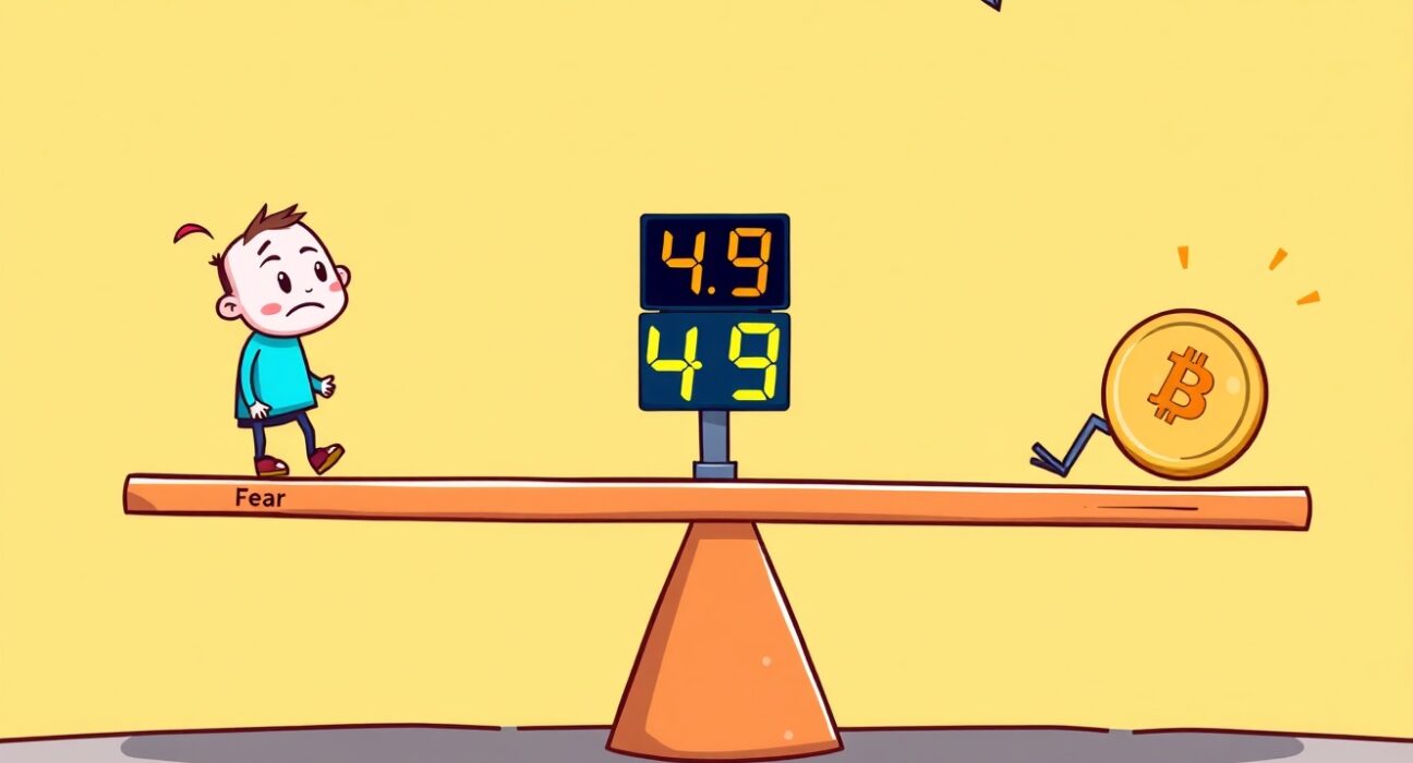 A balanced scale depicting the Crypto Fear & Greed Index at 49, representing a neutral market sentiment for investors.