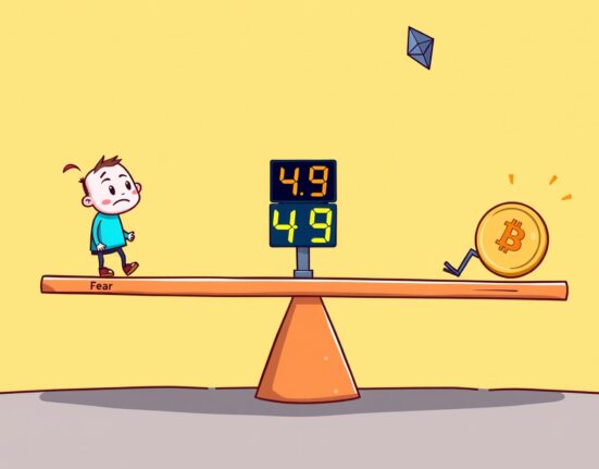 A balanced scale depicting the Crypto Fear & Greed Index at 49, representing a neutral market sentiment for investors.