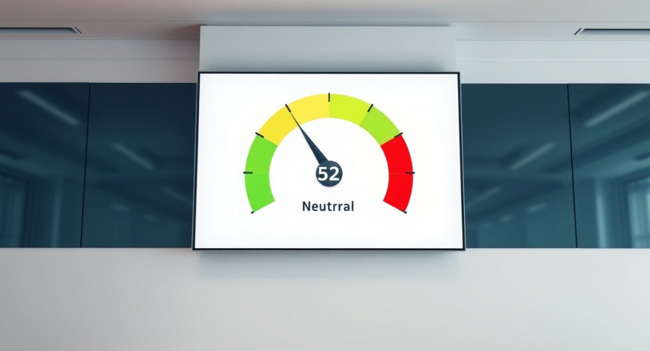 Digital display of Crypto Fear & Greed Index at 52, neutral zone