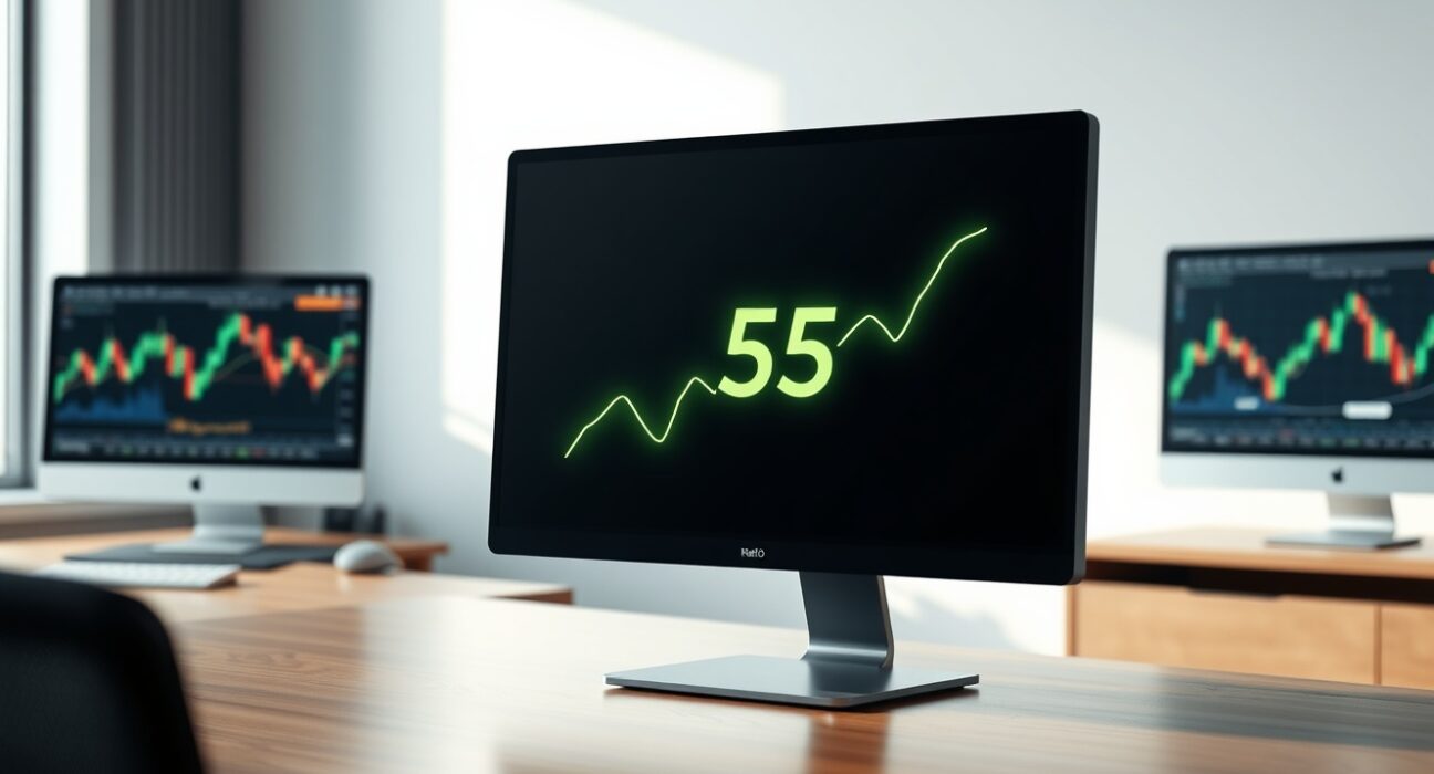 A trading desk monitor shows the Crypto Fear & Greed Index at a neutral level of 55, indicating balanced market sentiment.