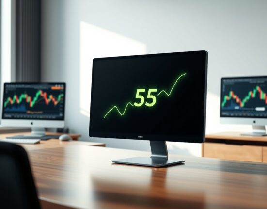 A trading desk monitor shows the Crypto Fear & Greed Index at a neutral level of 55, indicating balanced market sentiment.