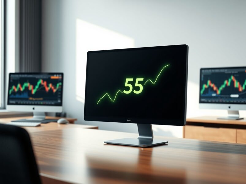 A trading desk monitor shows the Crypto Fear & Greed Index at a neutral level of 55, indicating balanced market sentiment.