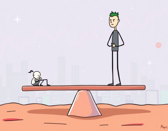 Cartoon illustration showing the Crypto Fear & Greed Index, reflecting fluctuating crypto market sentiment with figures representing fear and greed.