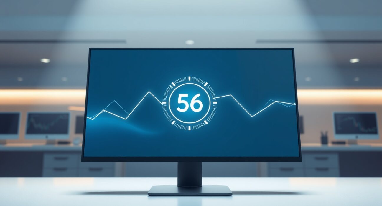 A data visualization of the Crypto Fear & Greed Index showing a neutral reading of 56 on a professional trading desk monitor.