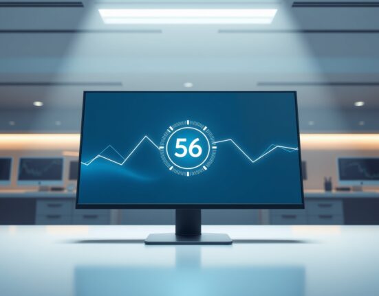 A data visualization of the Crypto Fear & Greed Index showing a neutral reading of 56 on a professional trading desk monitor.