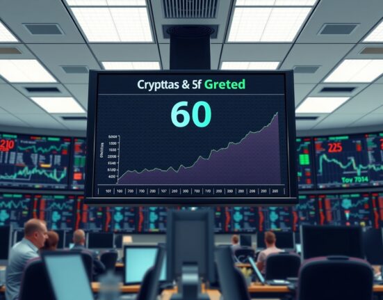 Crypto Fear & Greed Index at 60 indicating market greed sentiment on a digital display