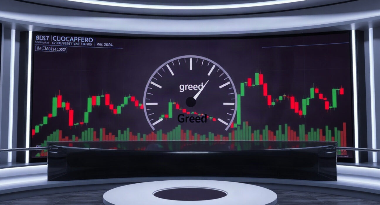 Crypto fear and greed index gauge showing greed level in a financial newsroom setting
