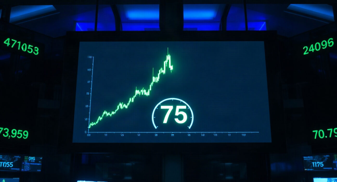 Digital display showing a green uptrend chart and a sentiment gauge at 75 on a trading floor