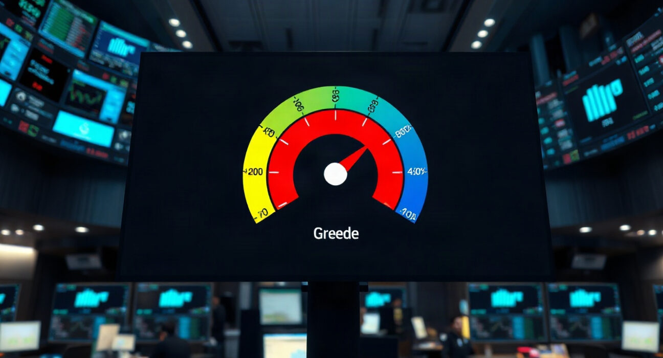 Crypto fear and greed index gauge showing greed at 78 on a trading floor screen